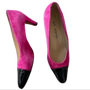 ST. JOHN pink suede w/ black patent leather top block heels sz 8.5 AA